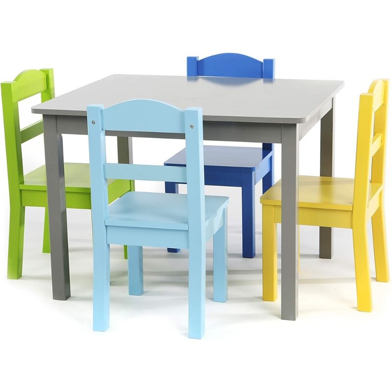 مجموعة طاولة وكرسي خشبية للأطفال ، مثالية للفنون والحرف اليدوية ، وقت الوجبات الخفيفة ، المدرسة المنزلية ، الرمادي ، الأزرق ، الأخضر ، الأصفر ، وشملت 4 كراسي