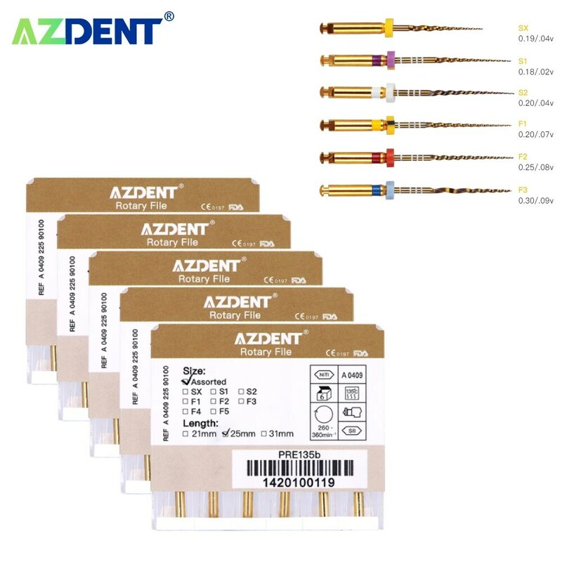 5 صناديق AZDENT الأسنان اللبية الذهب كبير تفتق ملف نيتي الملفات الدوارة محرك استخدام 25 مللي متر 6 قطعة/صندوق أدوات طب الأسنان