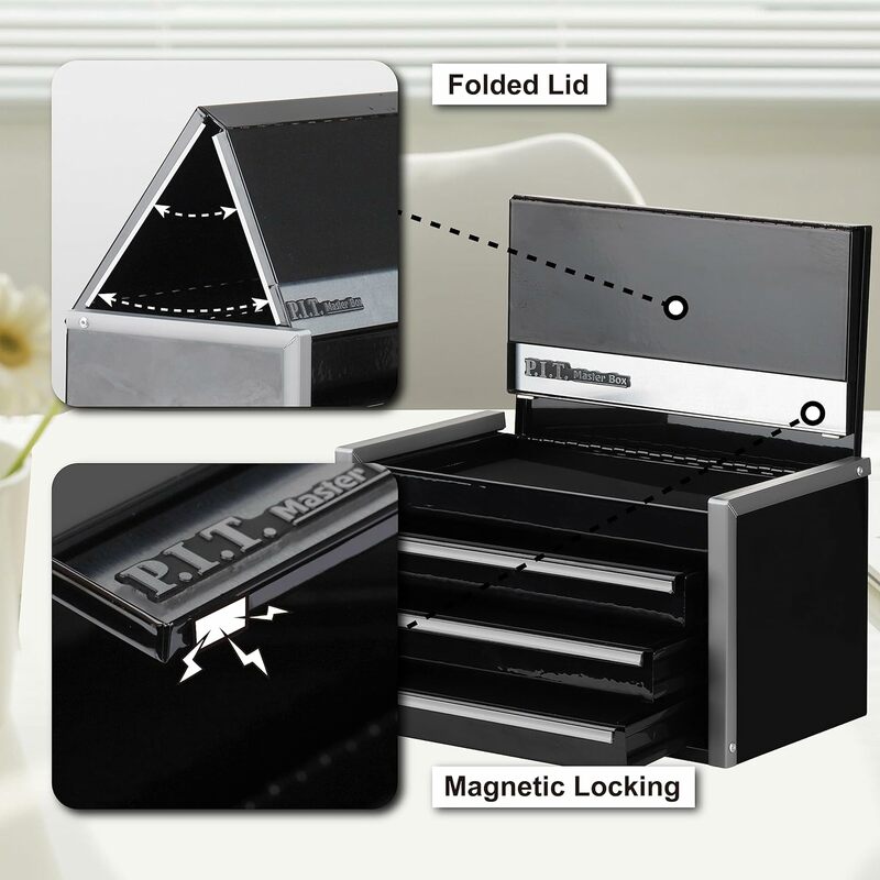 P. i. t. صندوق أدوات فولاذية محمول أسود صغير ، قفل بعلامة تبويب مغناطيسية ، صندوق علوي صغير ببطانة ، تخزين منزلي سهل الاستخدام ، لنا ، 3 درج