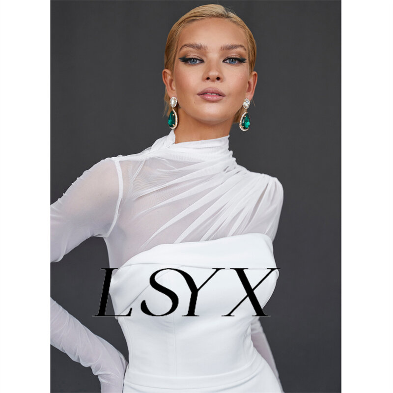 LSYX-فستان زفاف نسائي بأكمام طويلة ورقبة عالية ، ثنيات ، كريب ، حورية البحر ، وهم ، ظهر بسحاب ، ملعب ، قطار ، ثوب زفاف