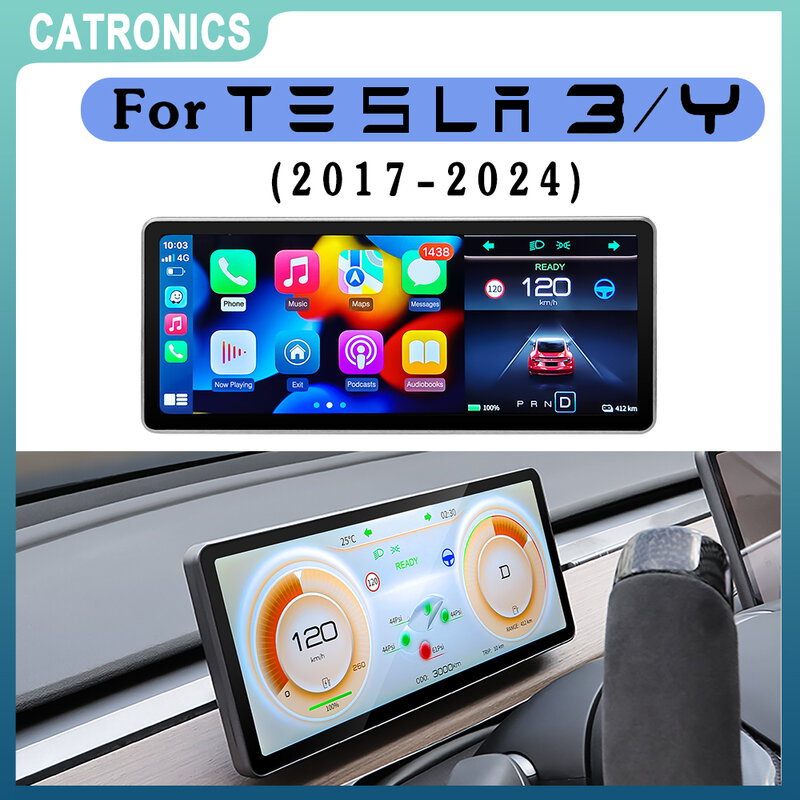CATRONICS ل 2023 تسلا Aaccessories نموذج 3 Y لوحة القيادة الرقمية رؤساء عرض Carplay أندرويد السيارات ل تسلا هود سرعة الطاقة