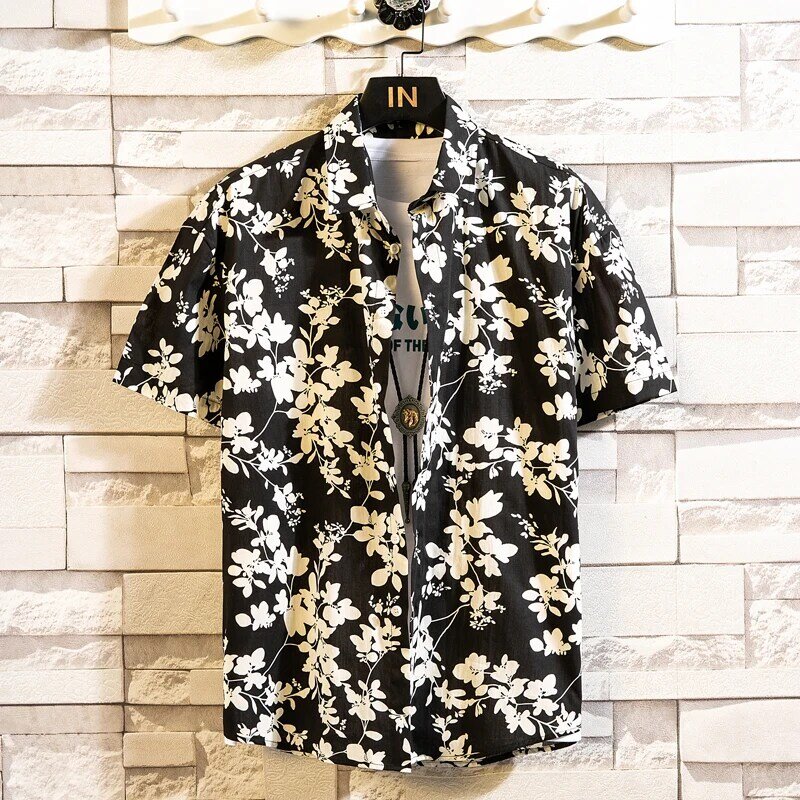 قميص هاواي غير رسمي للرجال ، قميص قطني عالي الجودة ، مطبوع بأكمام قصيرة ، حجم كبير ، طية صدر السترة الشاطئ ، الأزهار ، خمر ، الصيف