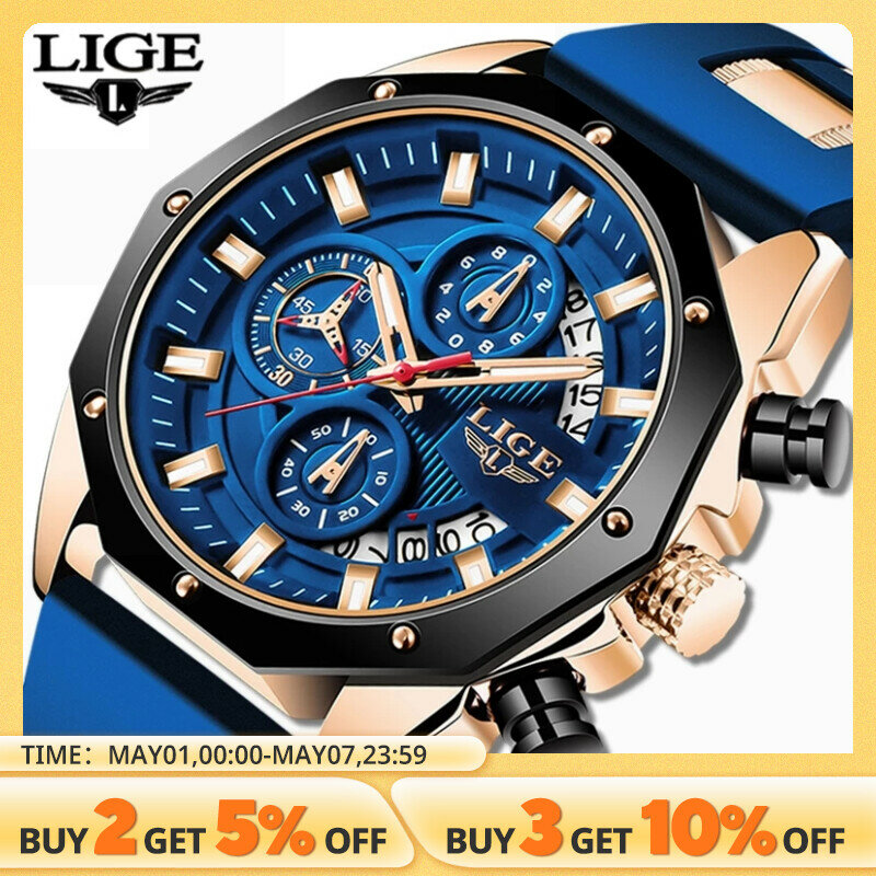 ساعات LIGE العصرية للرجال من أفضل العلامات التجارية الفاخرة من السيليكون ساعة يد رجالية مقاومة للماء ساعة كرونوغراف للرجال