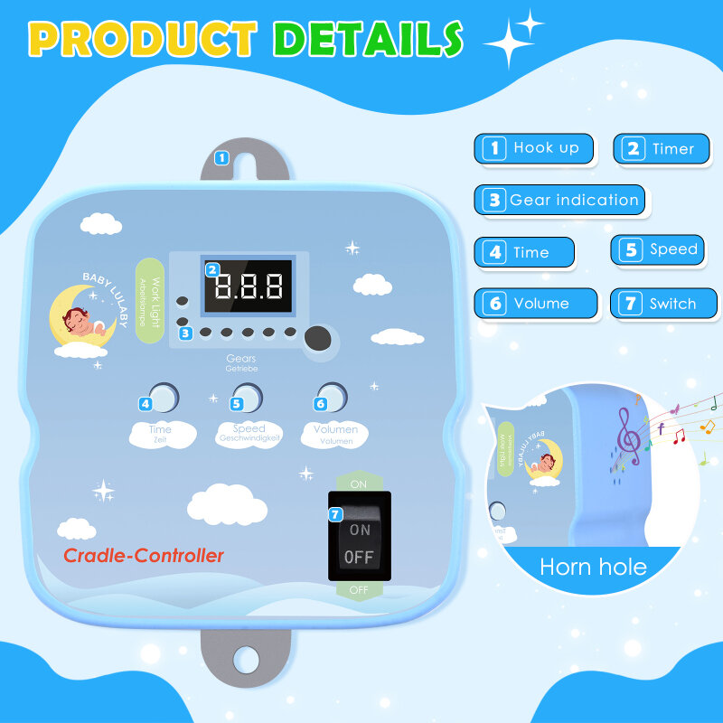 Babyschaukle-جهاز تحكم كهربائي أرجوحة للأطفال ، 2 زنبرك ، جهاز تحكم عن بعد ، حامل زنبركي للمحرك ، مؤقت قابل للتعديل ، بدون ضوضاء