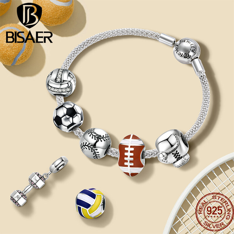 سلسلة كرات من الفضة الإسترليني من BISAER لعام 925 ، سوار مناسب لرياضة كرة القدم وكرة الطائرة وكرة السلة والتنس وكرة السلة