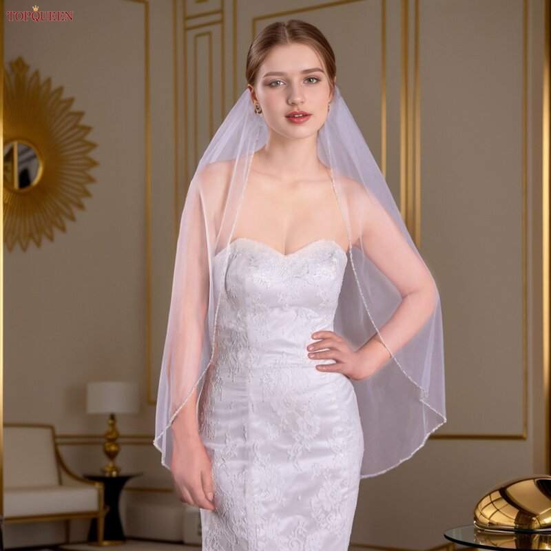 TOPQUEEN-حجاب زفاف طويلة بحافة كريستالية ، حجاب زفاف مطرز ، حجاب ناعم للغاية ، العروس لتكون قصيرة ، V107 ، 1 طبقة