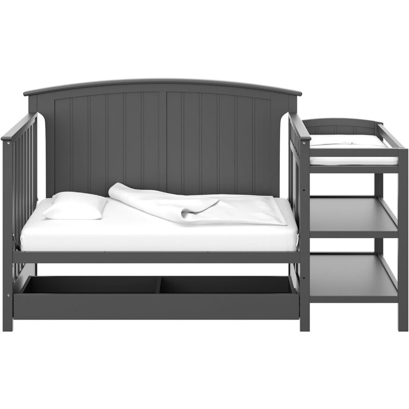 سرير ستوركرافت-أولمبوس قابل للتحويل ، مبدل بدرج ، رمادي ، رمادي ، سرير معتمد ذهبي وطاولة تغيير ، 5 في 1