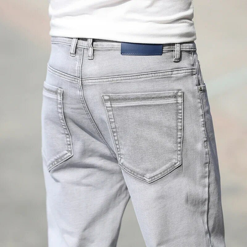 جينز رجالي رقيق فضفاض مستقيم ، ملابس كاجوال بسيطة ، قطن خفيف مطاطي ، رمادي خفيف ، صيف ، علامة تجارية جديدة