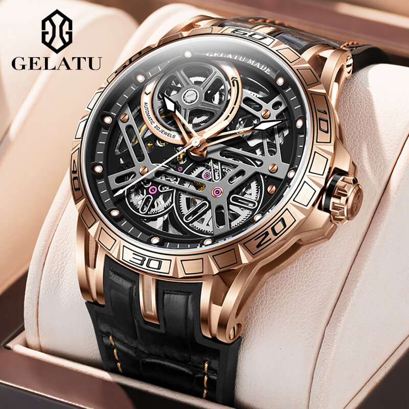 جيلاتو-ساعة ميكانيكية أوتوماتيكية للرجال ، حزام من الجلد الوردي ، ساعة يد مضيئة ، اتجاه أصلي ، علامة تجارية فاخرة