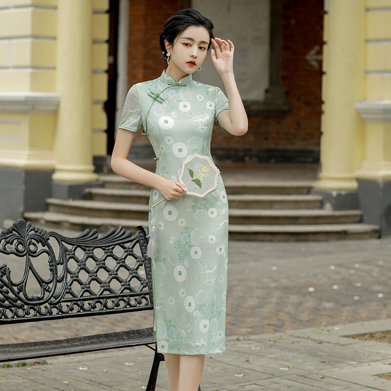 فستان صيفي جديد للسيدات بأكمام قصيرة للإتيكيت الاجتماعي مطبوع أنيق من تشيباو صيني تقليدي للسيدات شيونغسام