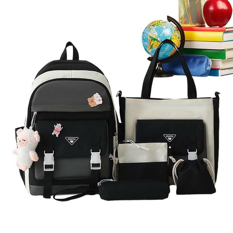 حقائب ظهر جمالية 5 قطع طقم حقيبة ظهر كاواي بسعة كبيرة حقيبة مدرسية مع ملحقات كاواي حقيبة سفر للطلاب للبنات