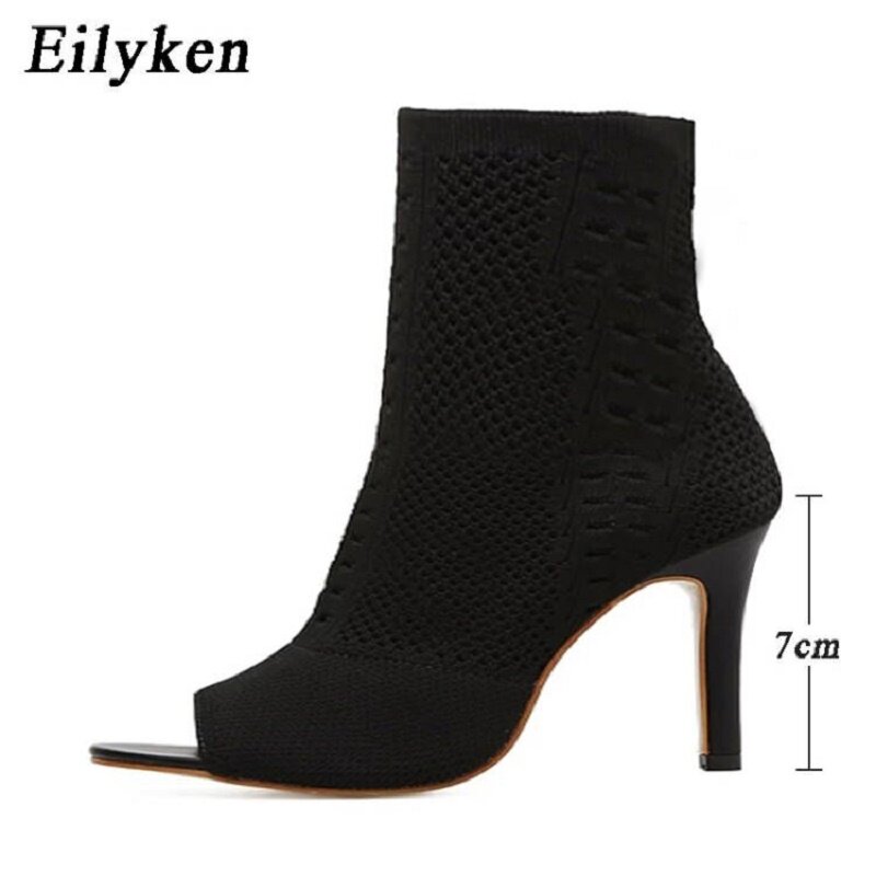 Eilyken نمط جديد اللمحة تو الكاحل الأحذية تمتد النساء النسيج خارج تنفس الجوارب مثير الرقص القطب السيدات مضخات الأحذية