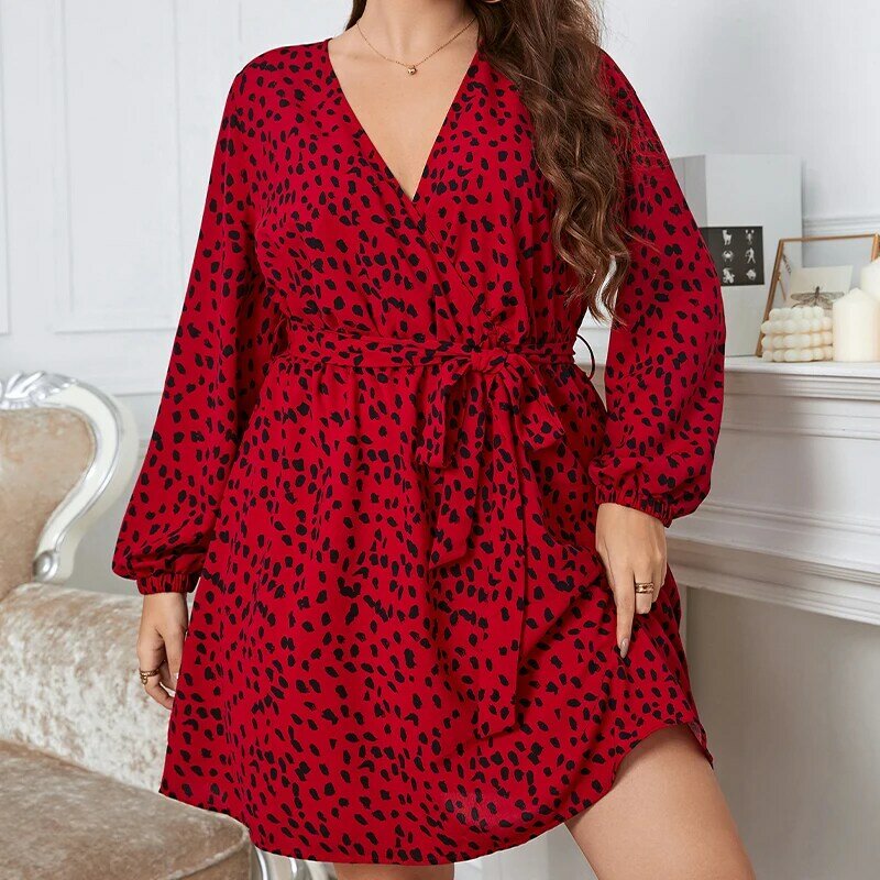 Della Mel حجم كبير ملابس النساء فساتين صغيرة أنيقة الأحمر نفخة الأكمام الخامس الرقبة عادية شيك المرقط الأزهار طباعة فستان حجم كبير