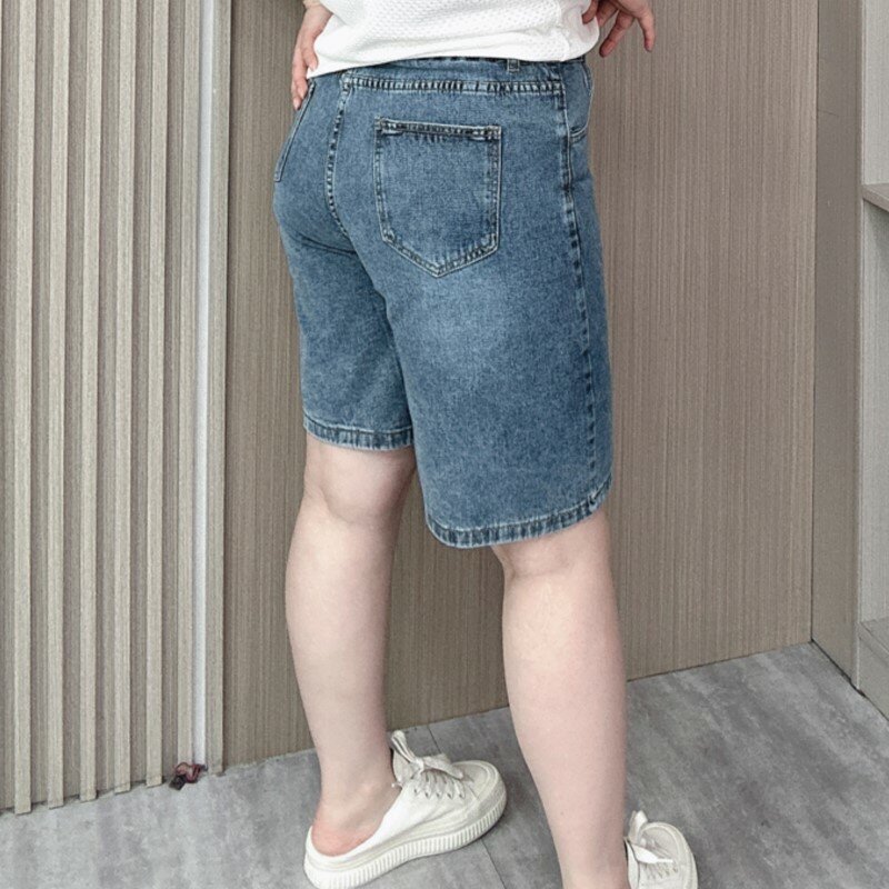 شورت جينز بطول الركبة ، خصر مرتفع ، فضفاض ، ساق مستقيمة ، جينز غير رسمي قديم ، مقاس كبير ، الصيف ،