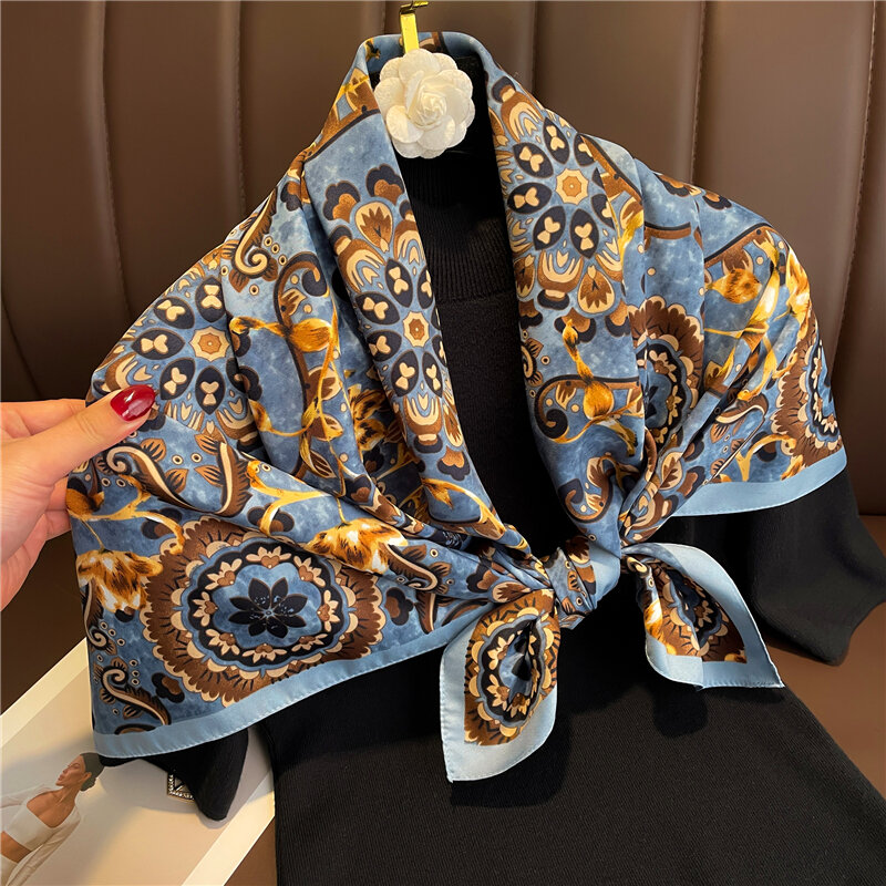 تصميم شال طباعة حك وشاح حريري مربع النساء الحجاب 2022 يلتف منديل الإناث الشعر اليد رئيس الأوشحة Echarpe باندانا
