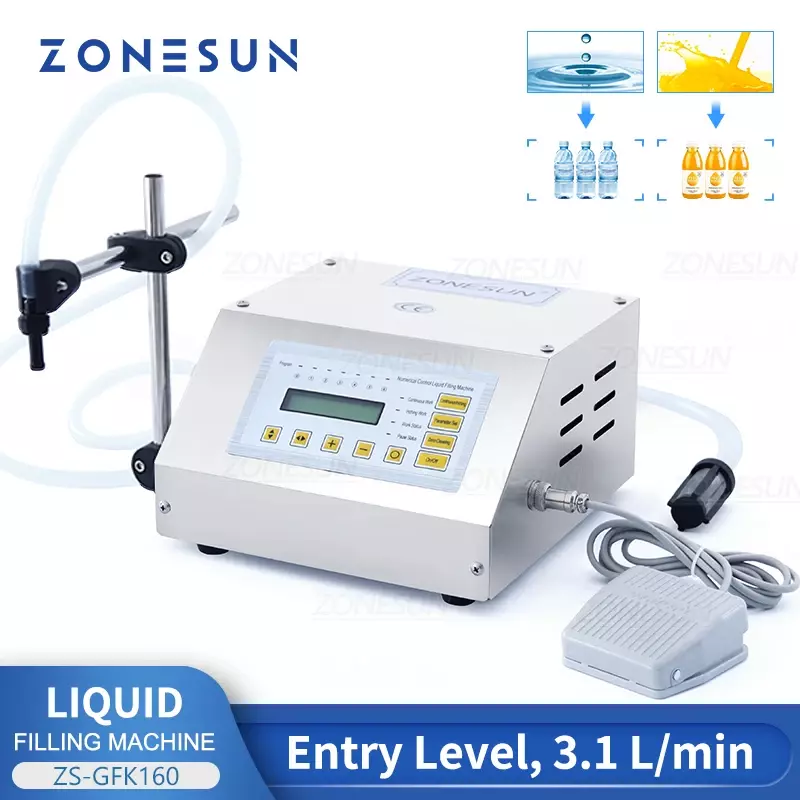 ZONESUN السائل ملء آلة التحكم الرقمي المياه شرب العطور عصير الحليب زجاجة صغيرة جرة الحجاب الحاجز مضخة التعبئة ZS-GFK160
