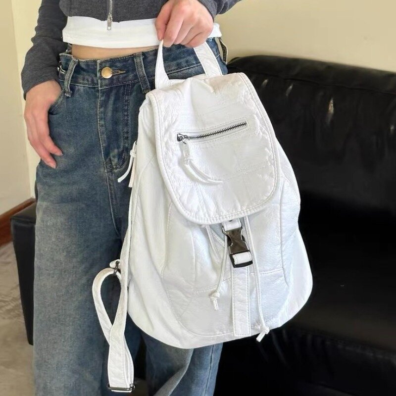 حقيبة ظهر من الجلد العتيق الأبيض الخالص من Xiuya للنساء ، ناعمة المغسول ، طراز الكلية الأمريكية ، سعة كبيرة ، حقيبة سفر جديدة