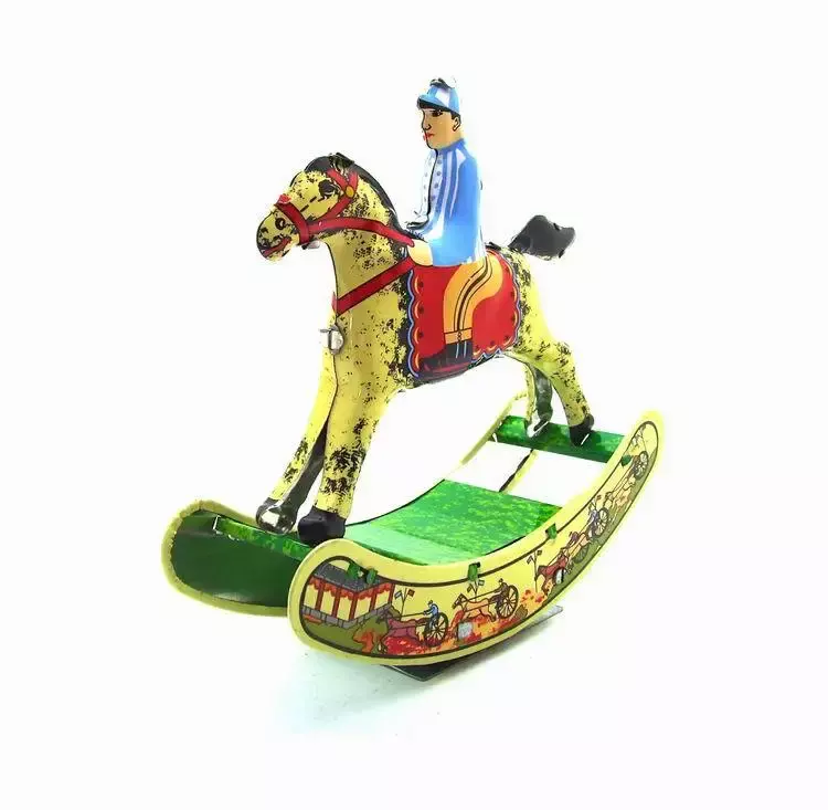 [مضحك] مجموعة الكبار الرجعية لعبة هزازة القصدير معدن هزاز ركوب الخيل الحصان فارس عقارب الساعة لعبة نموذج لجسم لعبة خمر