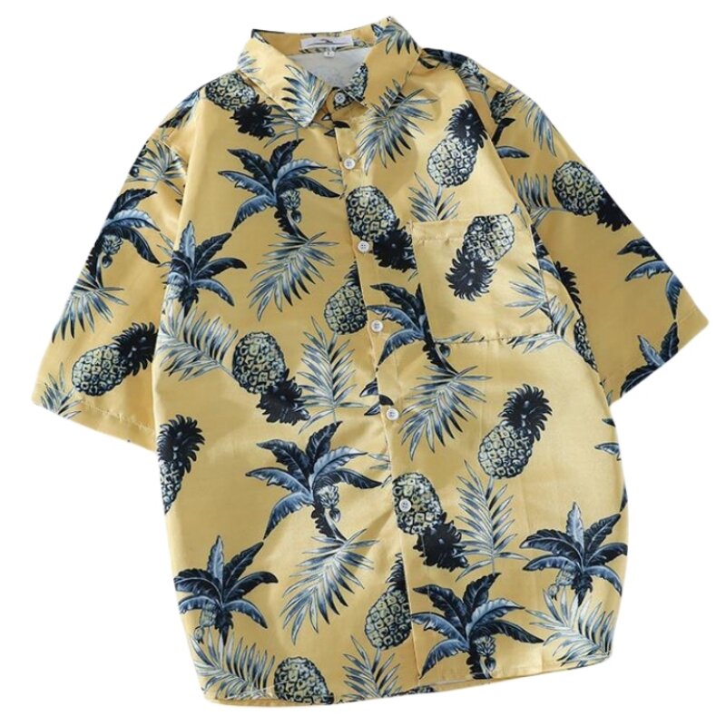 قميص زهري رقيق قصير الأكمام للرجال ، مناسب غير رسمي وسيم ، جاكيت هاواي للعطلات الشاطئية ، موضة الصيف