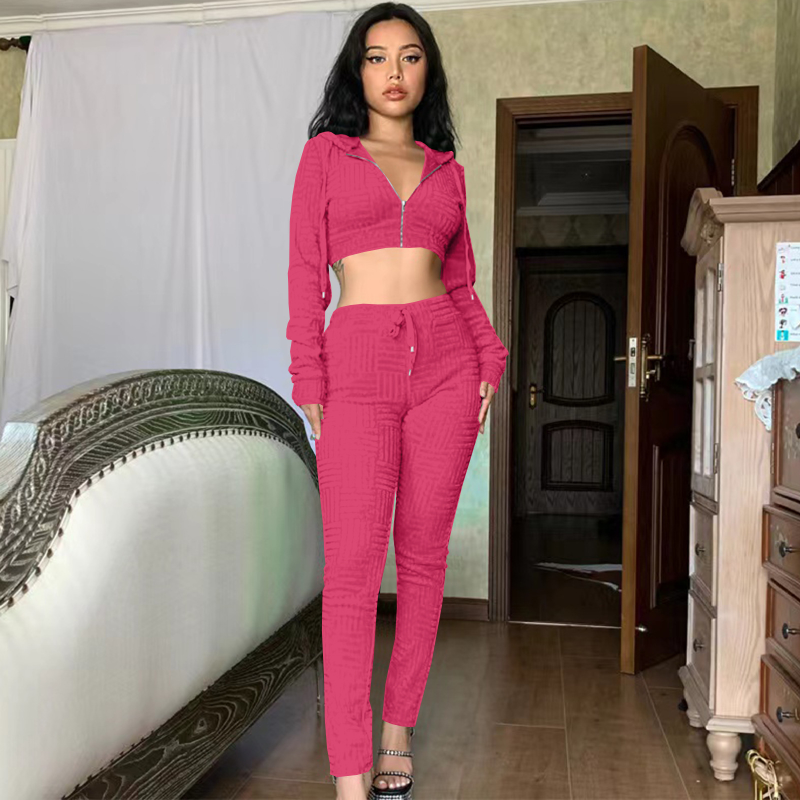 TSTCTB Summer Pink 2 Two Piece Sets Tracksuit Womens Outfits Hooded Zip Up Crop Top and Pants Sets Female Casual Matching Sets