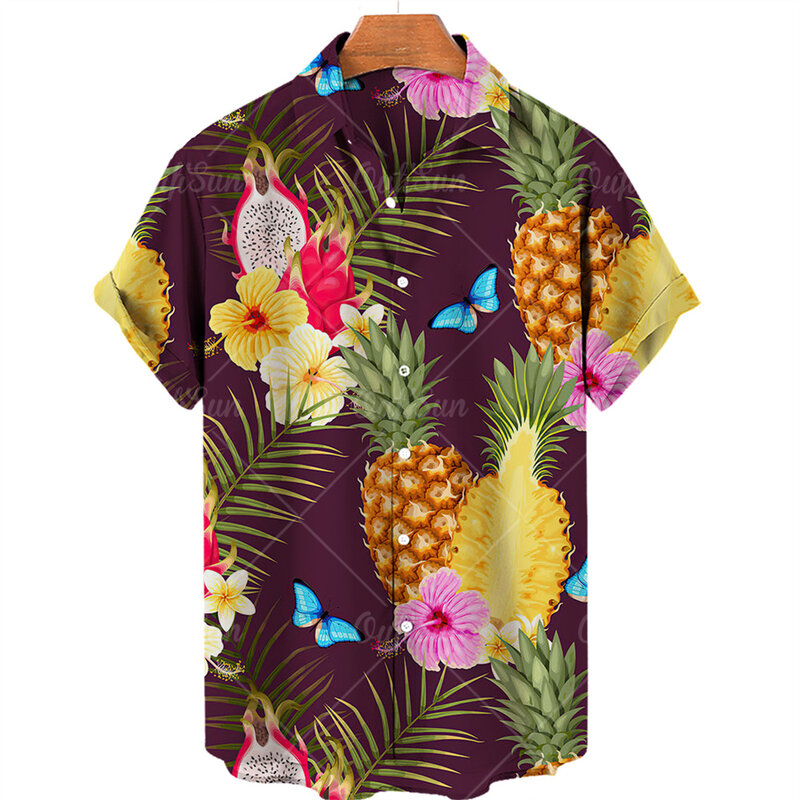 الرجال قمصان قمصان هاواي الفاكهة طباعة قصيرة الأكمام الأناناس نمط بلايز عادية موضة ملابس للرجال قميص فضفاض الصيف