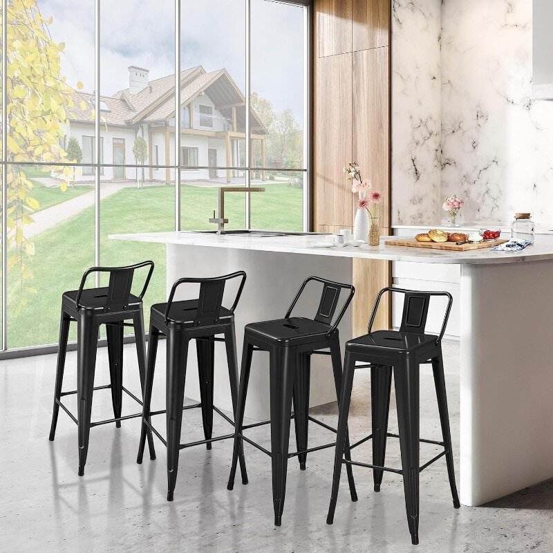 مقاعد بار معدنية مع ظهر منخفض ، كرسي مطبخ ، كراسي بارستول صناعية ، داخلية وخارجية ، مجموعة من 4 ، 30 في
