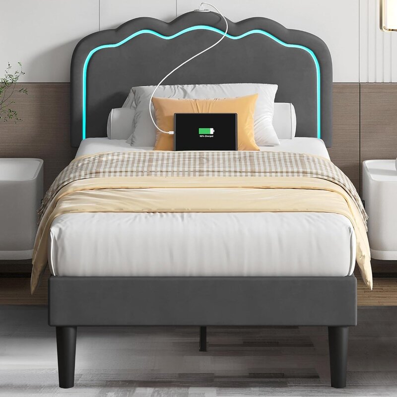 إطار سرير مزدوج منجد من VECELO مع لوح أمامي ، أضواء LED قابلة للتعديل ، من النوع C ، سرير مخملي ، خالي من الضوضاء