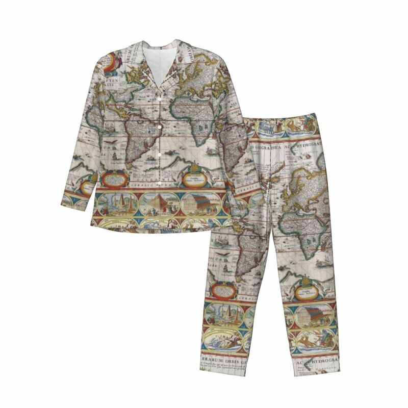 مجموعة بيجامة خريطة العالم العتيقة ، خريطة الأرض ، ملابس نوم لطيفة لغرفة النوم ، زوجين ، ريترو كبيرة الحجم ، ملابس نوم رسومية هدية ، 2 ، الربيع