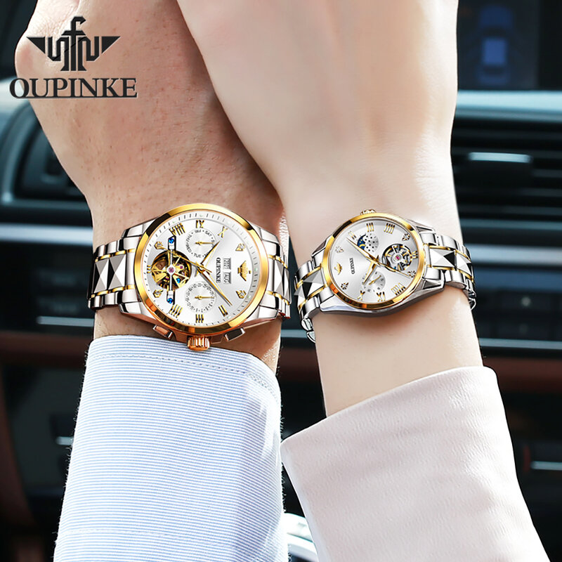 OUPINKE الأصلي الفاخرة زوجين الساعات الياقوت مرآة توربيون ساعة اليد له أو لها التلقائي الميكانيكية زوجين ساعة مجموعة