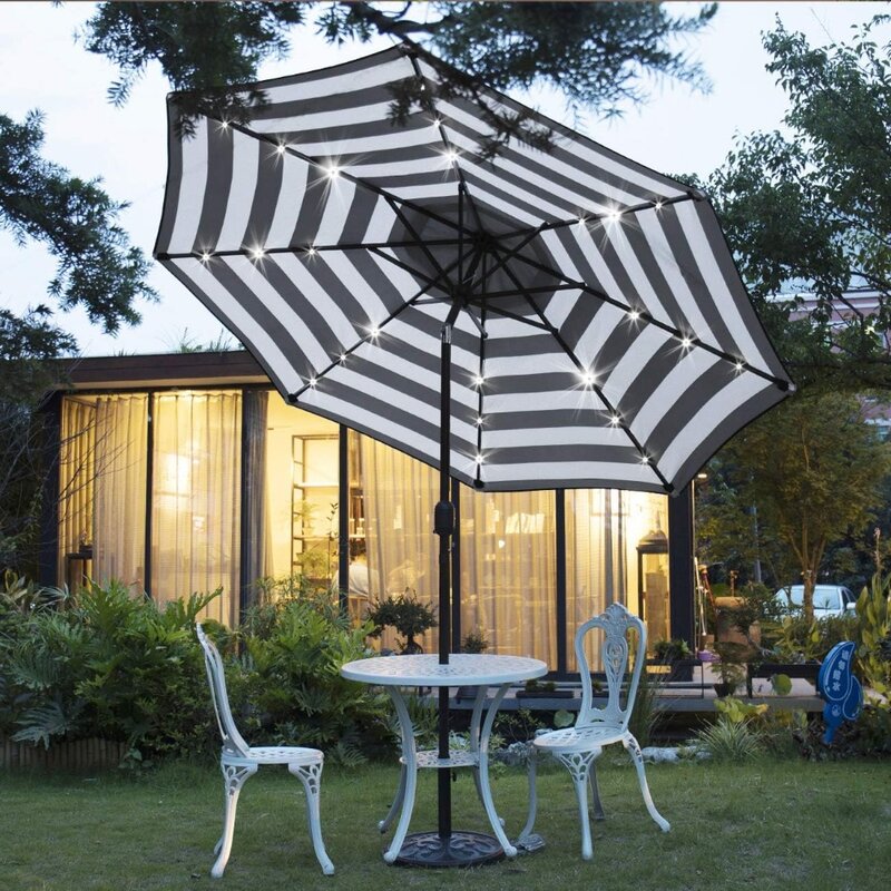 مظلة شمسية مضاءة مع نظام رفع كرنك ، مظلة فناء ، تعديل 8 أضلاع ، 9 بوصة ، 24 ليد