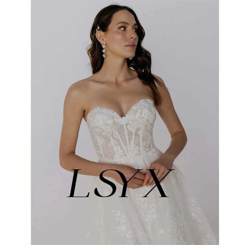 فستان زفاف مزخرف من LSYX-Sweetheat من التل ، فتحة جانبية عالية ، ظهر بسحاب ، طول الكلمة ، ثوب زفاف مخصص ، تول أنيق