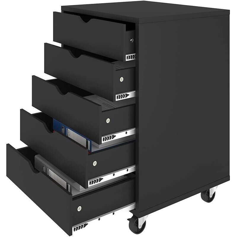 5-درج خزانة ملفات خشبية الصدر ، منظم المحمول ، مكتب التخزين لغرفة المكتب ، أسود