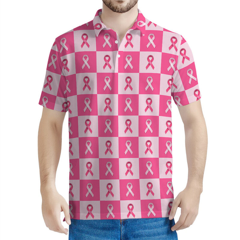 قميص بولو نسائي للتوعية بسرطان الثدي ، مطبوع ثلاثي الأبعاد ، تيشيرتات بشريط وردي ، تيشيرت بأزرار غير رسمية ، أكمام قصيرة بطية صدر