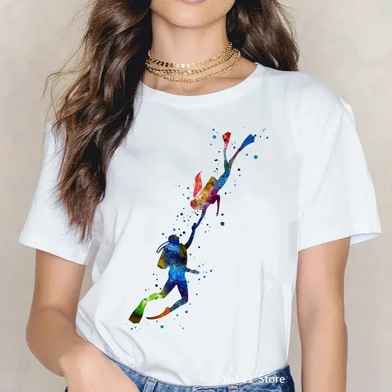 تي شيروتي مطبوعة للغوص بألوان مائية للنساء ، أزياء الصيف للفتيات ، رمادي ، أخضر ، أصفر ، وردي ، أسود ، أبيض