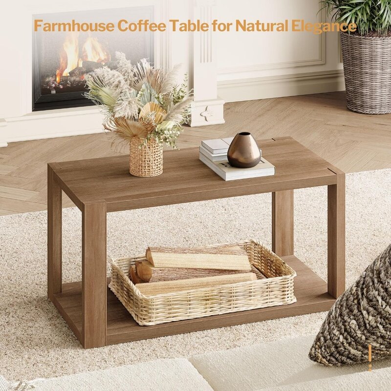 طاولة قهوة على الطراز البوهيمي مع رف تخزين ، طاولة مركزية مستطيلة ، لون خشبي ، طاولة متخصصة