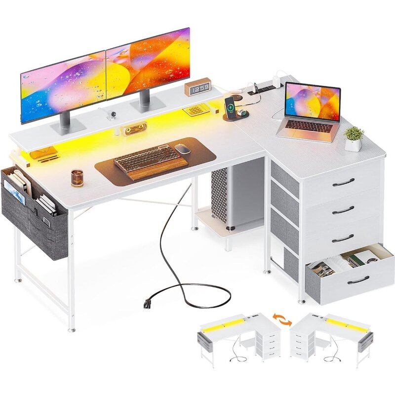 مكتب كمبيوتر على شكل حرف L قابل للعكس من أوك ، مكتب ألعاب مع أدراج قماشية من 4 طبقات ، مصابيح ليد ، 55 إنش