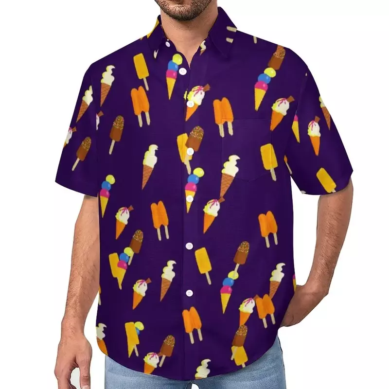 قميص هاواي للرجال للصيف بطباعة آيس كريم ، بلوزة بطية صدر للرجال للشاطئ رائعة وغير رسمية ، قميص مطبوع بنمط كرتوني
