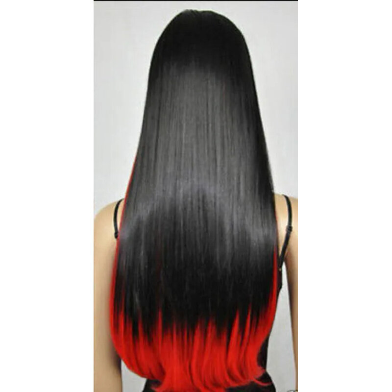 شعر مستعار طويل ومستقيم للنساء ، شعر مستعار للحفلات والكوسبلاي ، باللون الأسود والأحمر