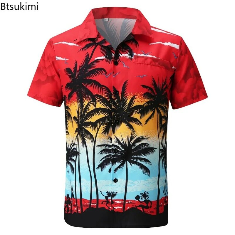قميص هاواي بطبعة ثلاثية الأبعاد من شجرة جوز الهند الملونة للرجال ، اتجاه الصيف ، ملابس الشارع ، الشاطئ ، الأكمام القصيرة ، بلوزة العطلات ، موضة جديدة