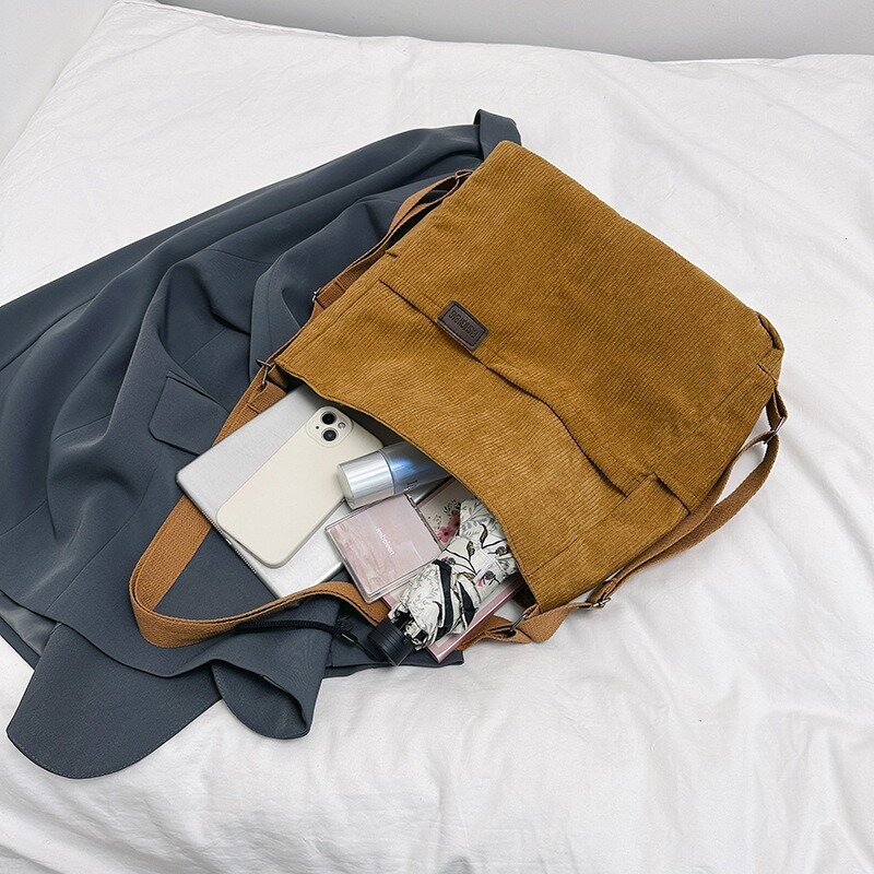 حقيبة كتف كوردروي متعددة الوظائف للنساء ، حقيبة كروس بودي كلاسيكية ، حقيبة يد ذات سعة كبيرة ، حقيبة جيب أحادية اللون ، تصميم شائع