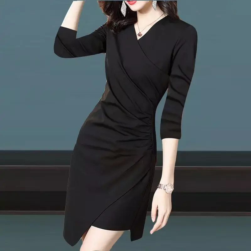 فستان أسود عصري وتنحيف للنساء ، أحدث تصميم مع لصق ، سستة ، يتلاشى غير متناظرة ، الخصر سينشنغ ، 2023 #5