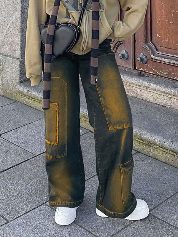 سراويل نسائية كورية أنيقة بجيوب واسعة الساق من قماش الدنيم y2k جينز عتيق من قماش الجرونج ملابس غير رسمية منخفضة الارتفاع سراويل فضفاضة