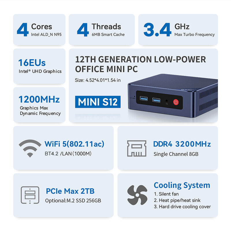بيلينك كمبيوتر مكتبي صغير ، S12 برو ، إنتل N100 ، 8GB ، 256GB ، يدعم NVME SSD ، VS AK3V ، 16G ، 512G ، إنتل 12th Gen ، N95