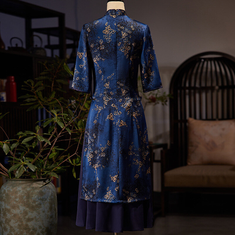 فستان ياداي الصيني المثير سبع نقاط كم للنساء مطبوع عليه زهور من الساتان اليوسفي كيباو الشرقية شيونغسام