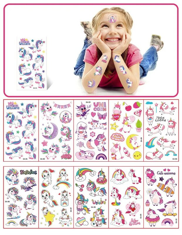 10 أوراق/حزمة الاطفال الكرتون يونيكورن الوشم ملصق للأطفال الذراع الأيدي الجسم لطيف المؤقتة وهمية الوشم