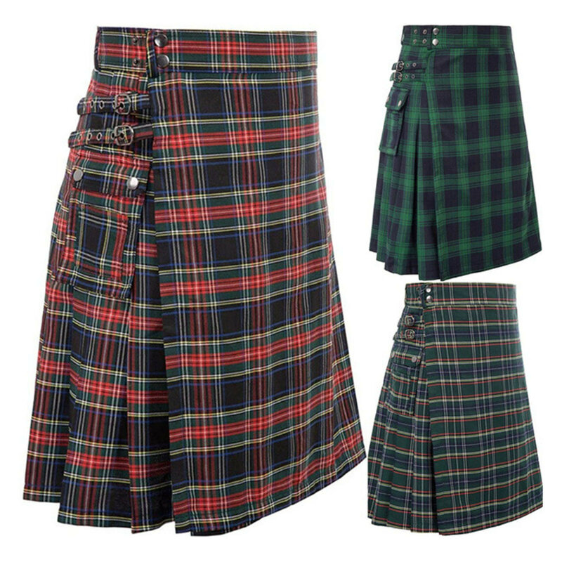تنورة قصيرة مطوي سكوتلندية عتيقة للرجال ، تنورة ، ملابس سكوتلندية ، تنورة ، قوطية ، فاسق ، كيندو ، جيب ، موضة غير رسمية ، خريف
