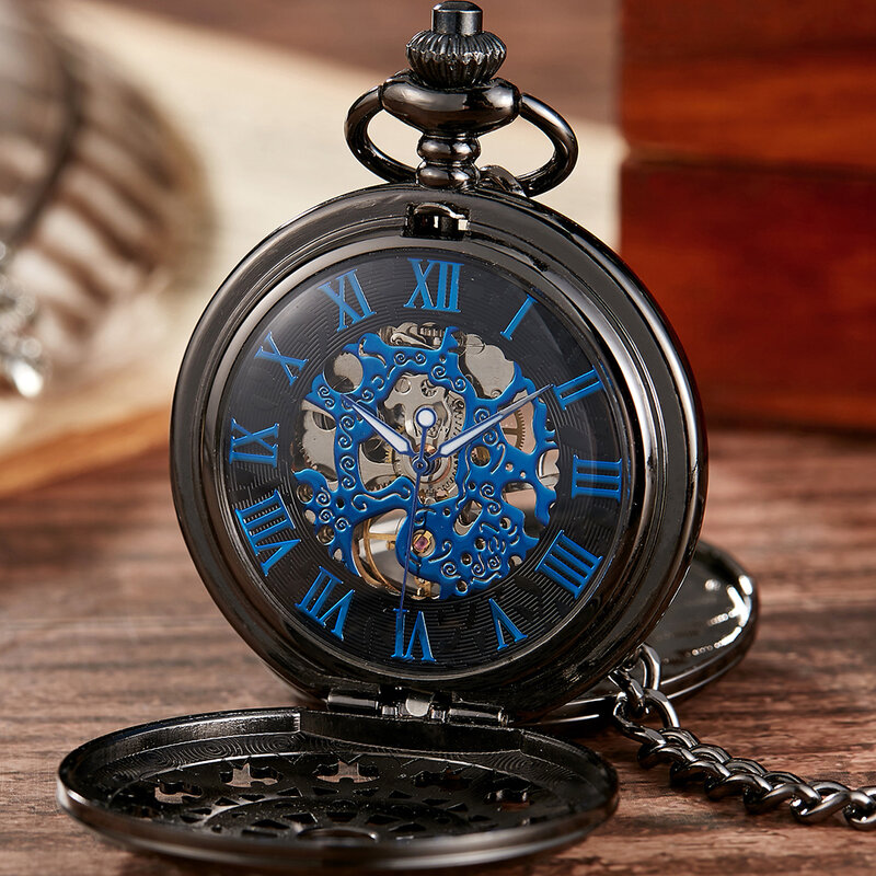 غطاء مزدوج الميكانيكية ساعة الجيب الهيكل العظمي Steampunk الجوف حالة خمر ساعة الرومانية الهاتفي الرجال النساء جمع reloj hombre