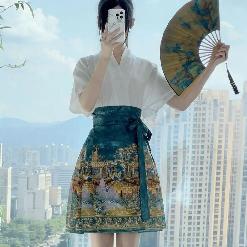 تعديل Hanfu نصف تنورة للنساء ، Laceup عالية الخصر ، المطبوعة ، الرجعية ، بسيطة ، الربيع الشارع ، الصيف ، العلامة التجارية الجديدة ، المألوف