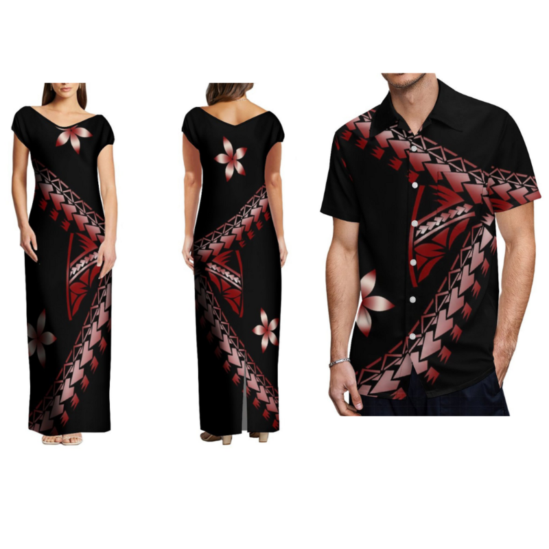 فستان صيفي مطبوع عليه زهور من جزيرة ساموا فيجي ، فستان صيفي نسائي بولينيزي مخصص ، فستان منقسم أنيق ، قميص رجالي ، ملابس زوجين