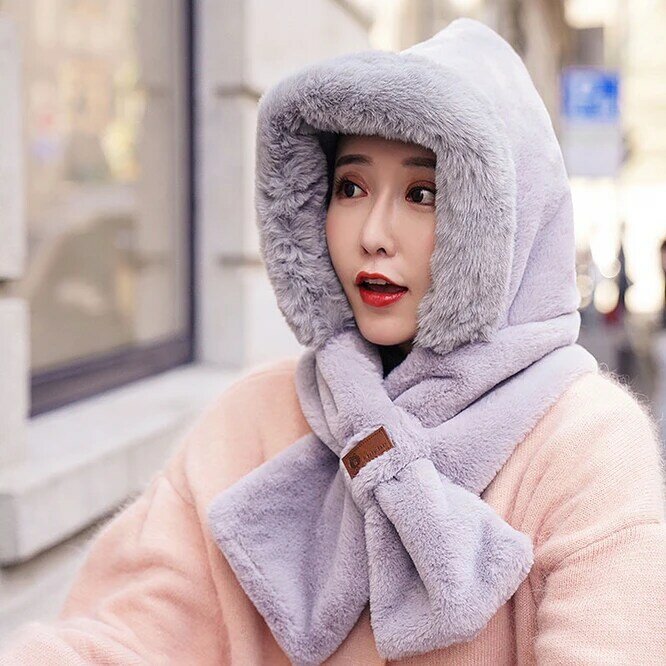 Hat Scarf One Female Winter Plush Thickened Cold Proof Warm Windproof Plush Scarf Ear Protection Girl Outdoor  Protection Beige